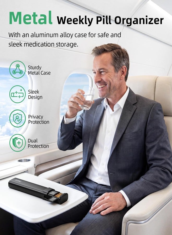 PULIV Metal Weekly Pill Organizer with Sturdy & Sleek Aluminum Alloy Case, Pill Case with Triple Protection Against Spilling, Compact Travel Pill Box 7 Day for Vitamins, Fish Oils, Supplements, Black - Image 2